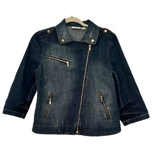 Chico's Women’s Modern Distressed 3/4 Sleeve Denim‎ Moto Jacket  Sz 0(S)